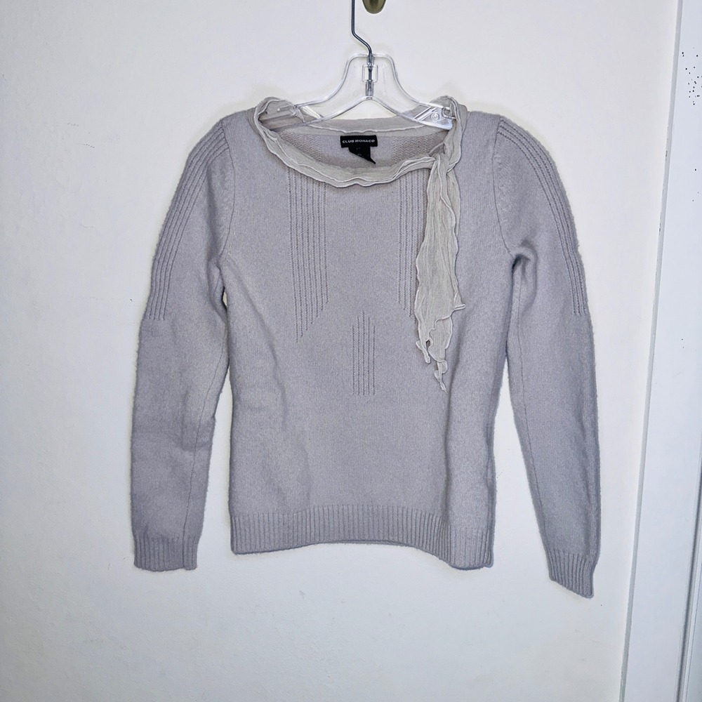 Club Monaco Gray 100% Lambswool Sweater Silk Trim Tie Neck Size L Fits M